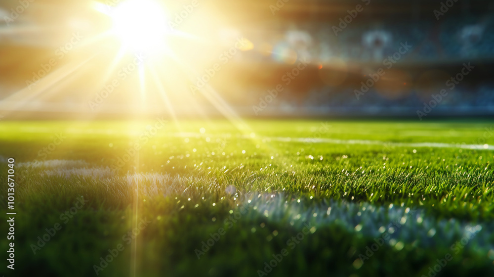 Soccer field illuminated by bright sunlight in an empty stadium at sunset Soccer field illuminated by bright sunlight in an empty stadium at sunset