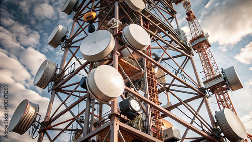 A towering structure filled with various antennas and satellite dishes rises against a backdrop of dramatic clouds during late afternoon. The setting highlights the importance of telecommunications