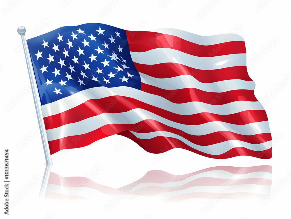 Fototapeta premium Flat Glossy American Flag Waving Over Reflective Background - Vibrant Vector Illustration Depicting National Pride for Veterans Day with Dynamic Motion Effect