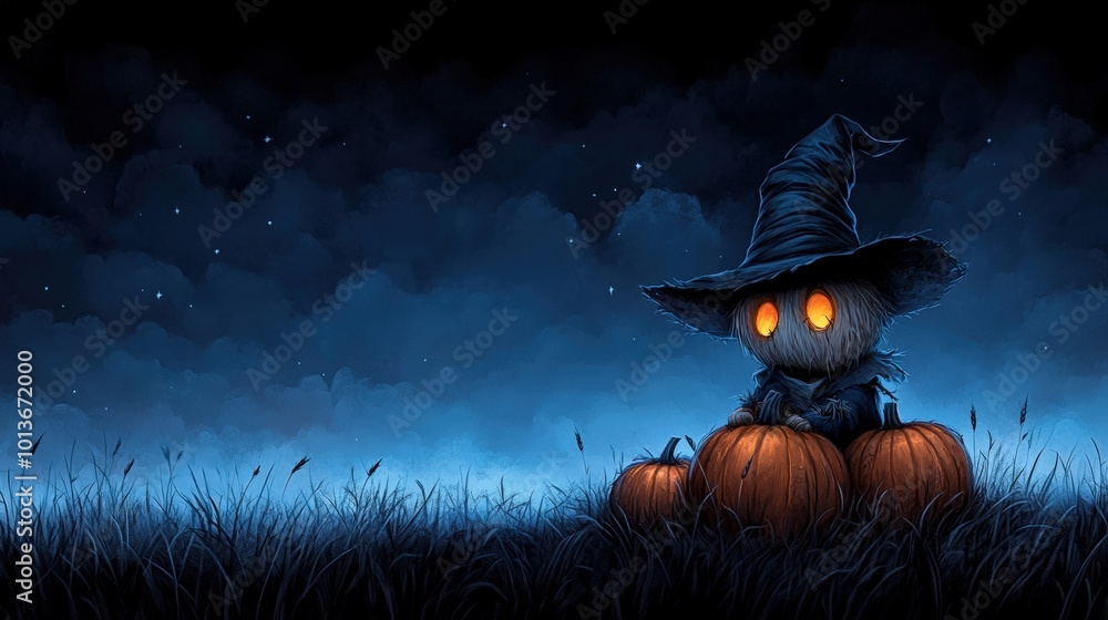 Fototapeta premium Spooky scarecrow with glowing eyes on pumpkins, magical Halloween night scene.