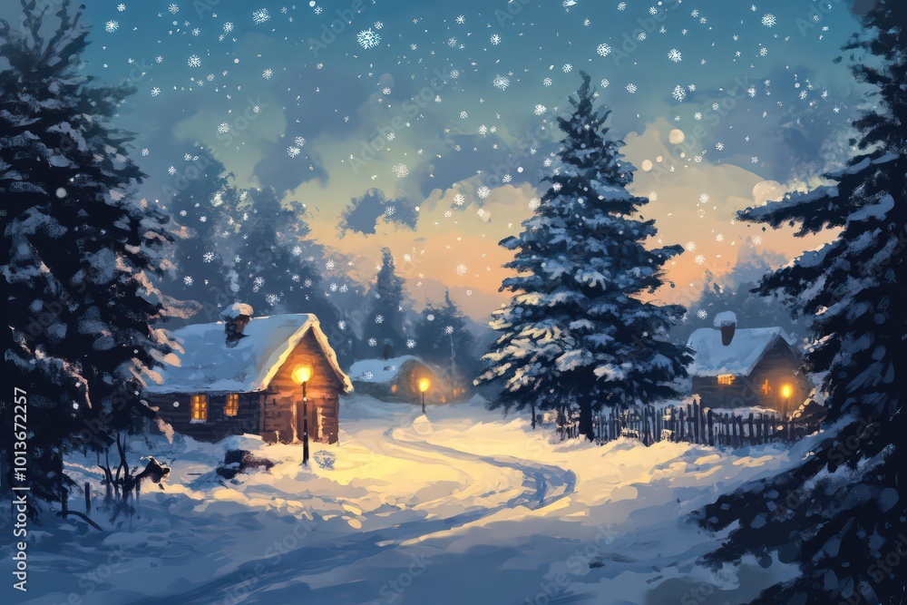 A Christmas card featuring a winter scene. A Christmas card featuring a winter scene.