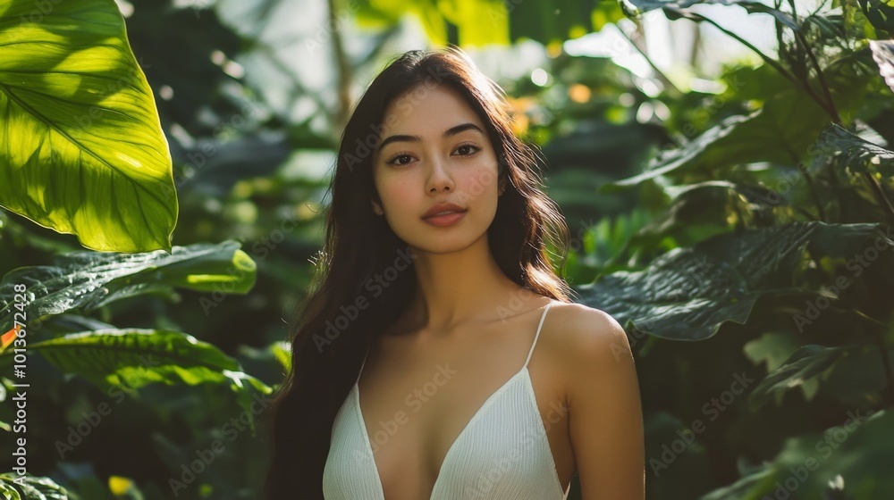 Portrait of a young woman in a white dress standing in a jungle with lush green foliage, creating a feeling of nature, beauty, and femininity. Portrait of a young woman in a white dress standing in a jungle with lush green foliage, creating a feeling of nature, beauty, and femininity.