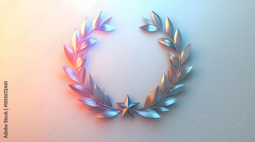 Obraz premium 3D Glossy holographic laurel wreath and star with copy space concept as A serene image featuring a glossy holographic laurel wreath and star isolated on a white background. The design provides ample c