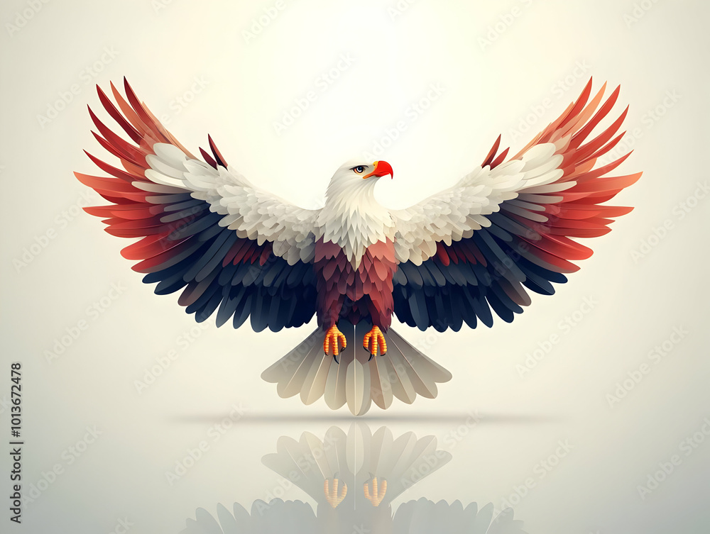 Fototapeta premium Flat Glossy Eagle Emblem Over Reflective Patriotic Background � A Striking Veterans Day Symbol of Strength and Freedom in Simple Vector Illustration