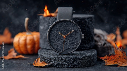 Stylish black watch on textured stones with autumn leaves and pumpkins. photo