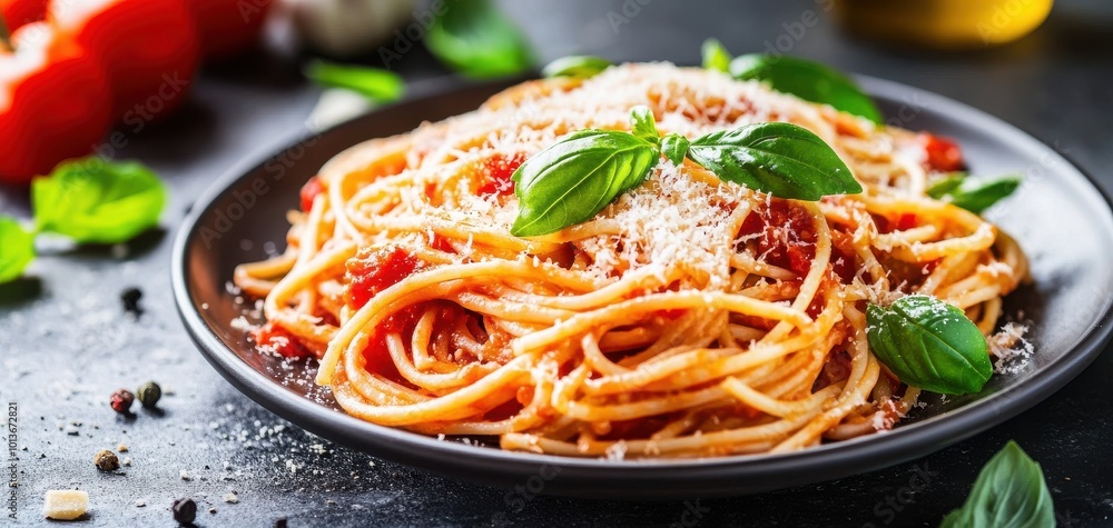 Delicious spaghetti topped with basil and grated cheese on a dark plate. Delicious spaghetti topped with basil and grated cheese on a dark plate.