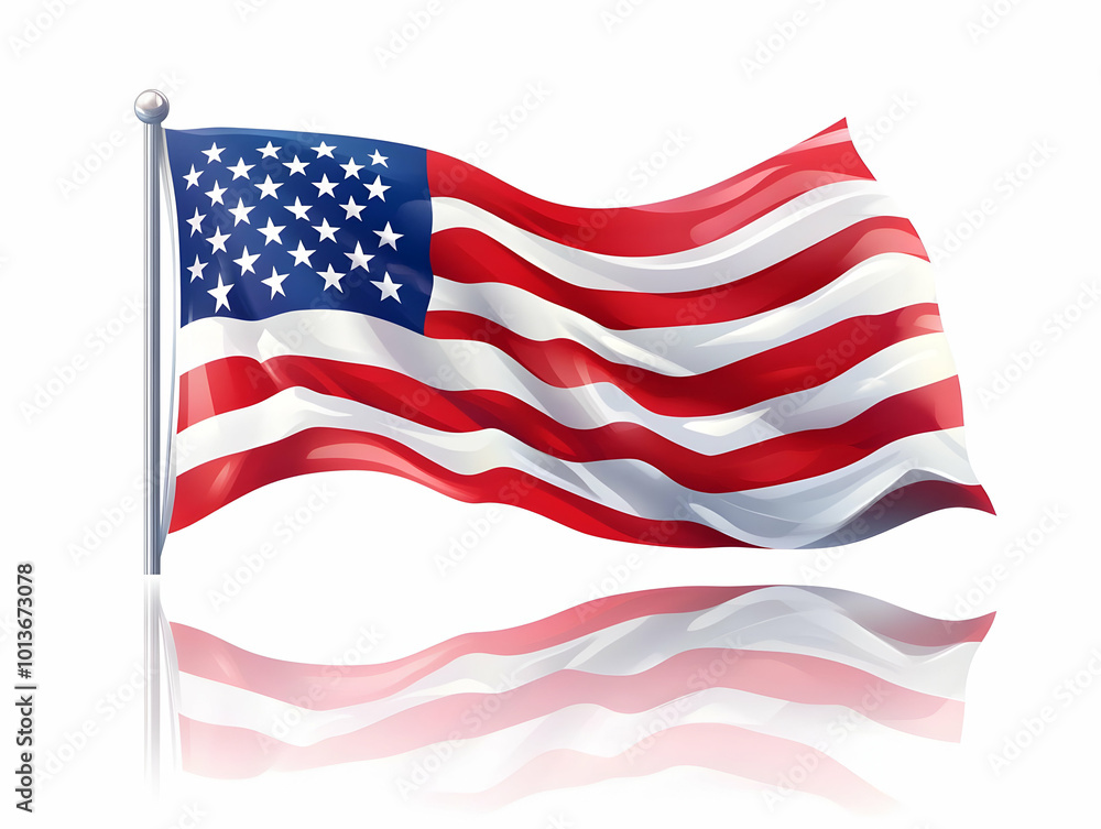 Fototapeta premium Flat Glossy American flag waving over a reflective background concept as A vibrant background featuring a glossy American flag waving against a reflective surface. The scene captures the essence of Ve