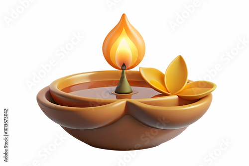 Glowing Diya with Radiant Flame & Abstract Floating Flower Petals Isolated on White Background - A Clean Vector Illustrating Diwali Warmth & Beauty in Photo Stock photo