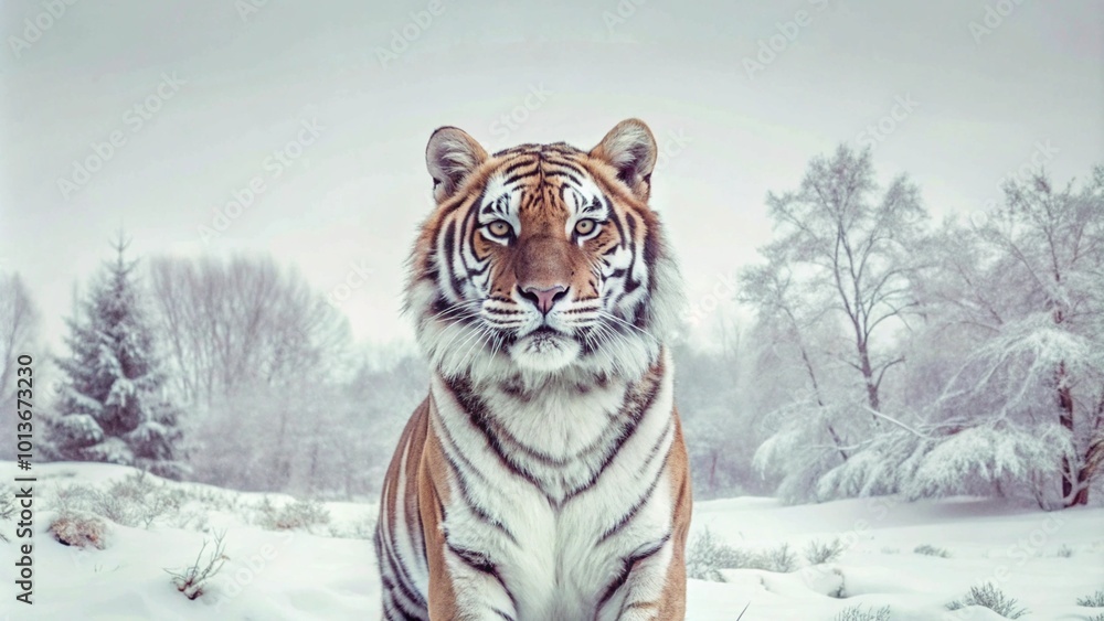 Obraz premium Majestic tiger in a snowy forest, looking directly at the camera.