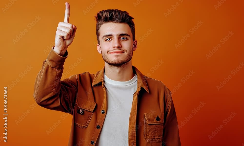 portrait of pretty young male point up empty space wear trendy brown outfit Video