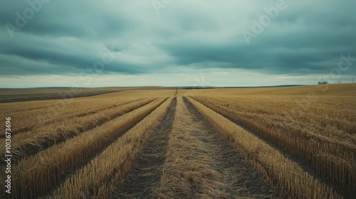 A Path Through a Field of Cut Wheat Stubble Under a Cloudy Sky