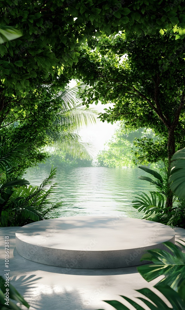4. A beautiful 3D render of a product display stage with a clean, empty podium surrounded by lush tree leaves and a peaceful water scene, providing an inviting backdrop for advertising and 4. A beautiful 3D render of a product display stage with a clean, empty podium surrounded by lush tree leaves and a peaceful water scene, providing an inviting backdrop for advertising and