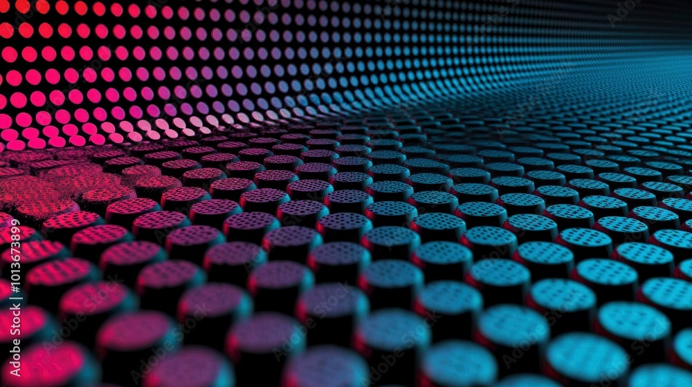 A Close-Up of a Curved Surface with Rows of Black Circular Patterns Under a Pink and Blue Light A Close-Up of a Curved Surface with Rows of Black Circular Patterns Under a Pink and Blue Light