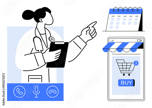 Doctor pointing at a calendar, communicating through a mobile interface. Schedule and shop integration with microphone and call buttons. Ideal for telemedicine, scheduling, e-commerce, healthcare