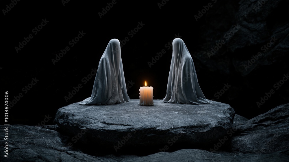 Two cloaked figures sit in darkness by a candle on a stone pedestal. Two cloaked figures sit in darkness by a candle on a stone pedestal.