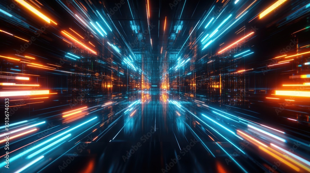 Obraz premium An abstract representation of speed and technology, featuring vibrant blue and orange light trails in a futuristic setting.