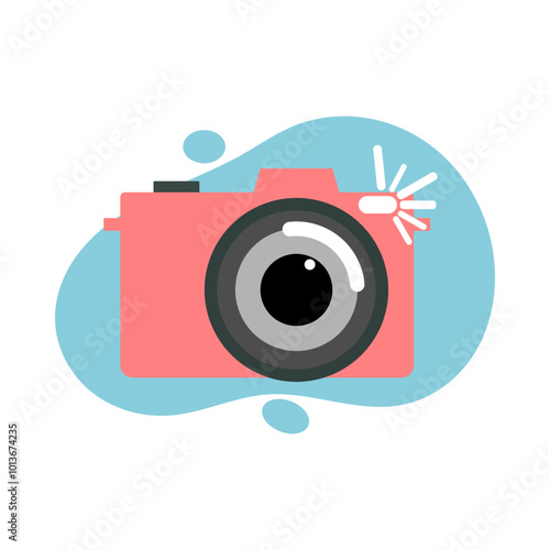 pink camera on a light blue abstract background. DSLR cameras, mirrorless, SLR, pocket cameras, manual cameras, handy cam. photo, photographer, hobby, camera lens, photo. photo contest