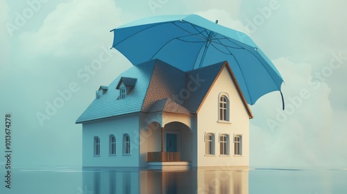 A whimsical house with a blue umbrella, symbolizing protection and safety against rising waters.