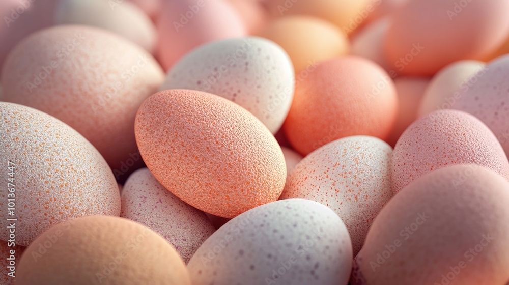 A close-up shot of delicately colored eggs in soft pastel hues of peach, pink, and cream, creating a serene and artistic composition. A close-up shot of delicately colored eggs in soft pastel hues of peach, pink, and cream, creating a serene and artistic composition.