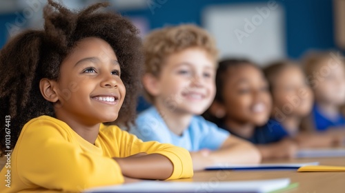 Diverse group of school children engaged in collaborative learning activities in vibrant classroom, a mix of backgrounds and cultures while fostering friendship, inclusion,academic curiosity