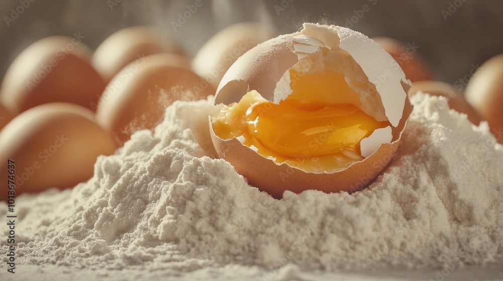 A cracked egg reveals its vibrant yolk, surrounded by a mound of flour, showcasing the essence of baking in warm, inviting tones. A cracked egg reveals its vibrant yolk, surrounded by a mound of flour, showcasing the essence of baking in warm, inviting tones.
