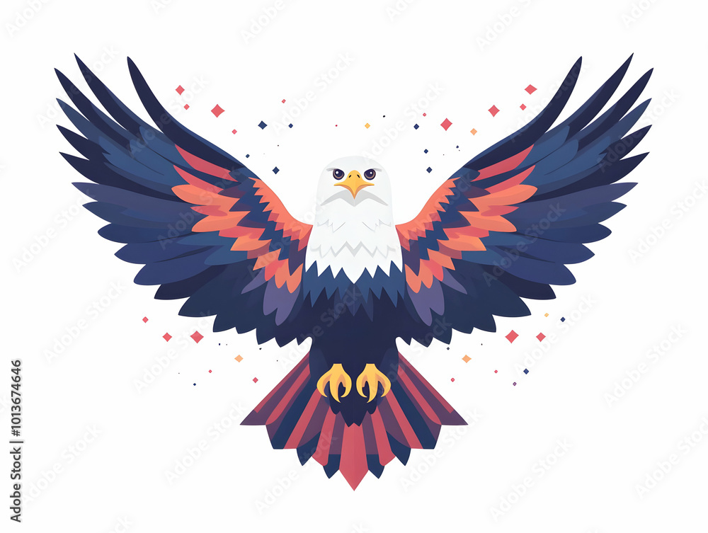 Obraz premium Flat American eagle and star with Land of the Free text concept as A powerful abstract vector featuring an American eagle and a star isolated on a white background. The text Land of the Free is positi