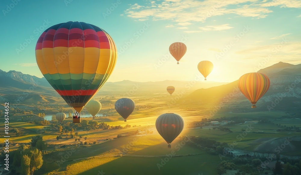 Naklejka premium A wide shot of an array of colorful hot air balloons rising into the sky at sunrise, with mountains in the background.