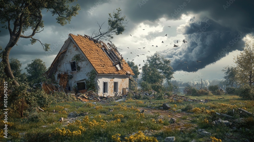 Fototapeta premium A dilapidated house amidst a stormy landscape, showing nature reclaiming its space with overgrown grass and wildflowers.
