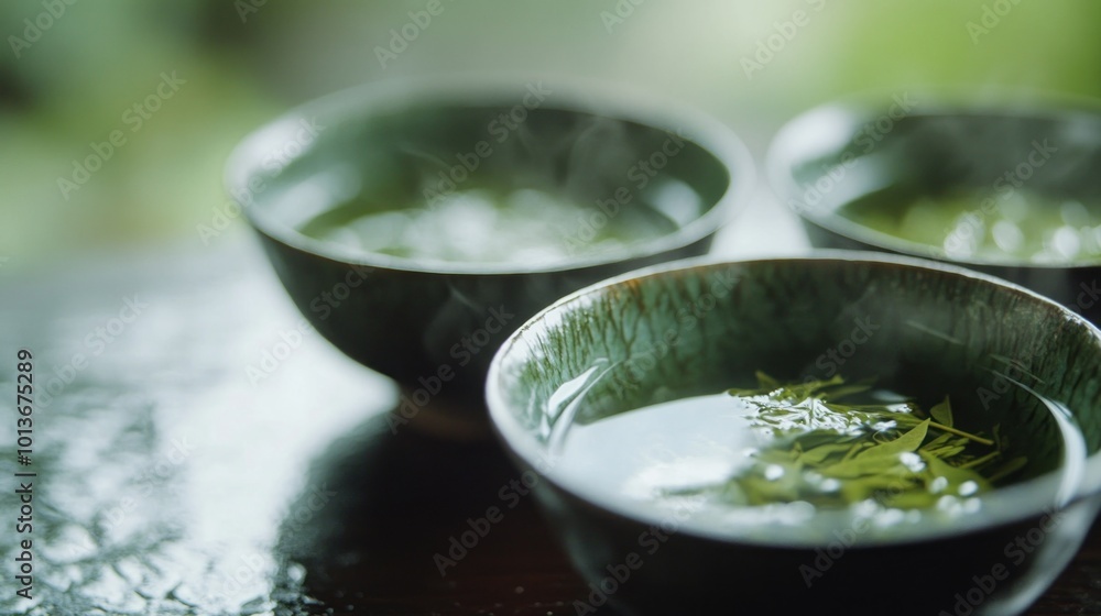 Steaming Green Tea in Ceramic Bowls Steaming Green Tea in Ceramic Bowls