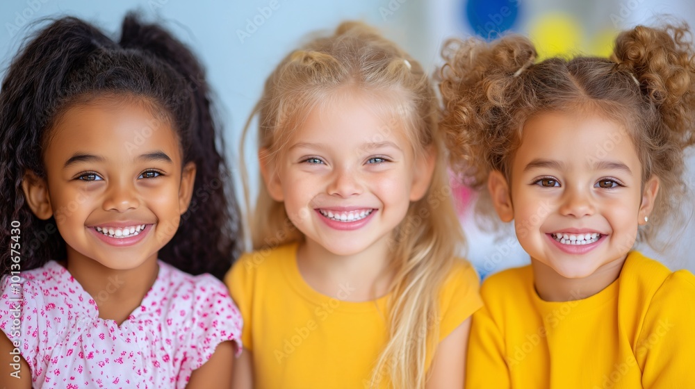 Three schoolgirls aged 8-10 years with Caucasian, mixed-race, and African American backgrounds collaborating on a project and enjoying friendship in a vibrant classroom setting Three schoolgirls aged 8-10 years with Caucasian, mixed-race, and African American backgrounds collaborating on a project and enjoying friendship in a vibrant classroom setting