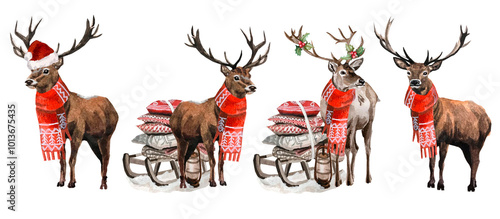 Hand Drawn cute Christmas Deers Watercolor Clipart. Reindeer watercolour illustartions, Design cards, banner photo