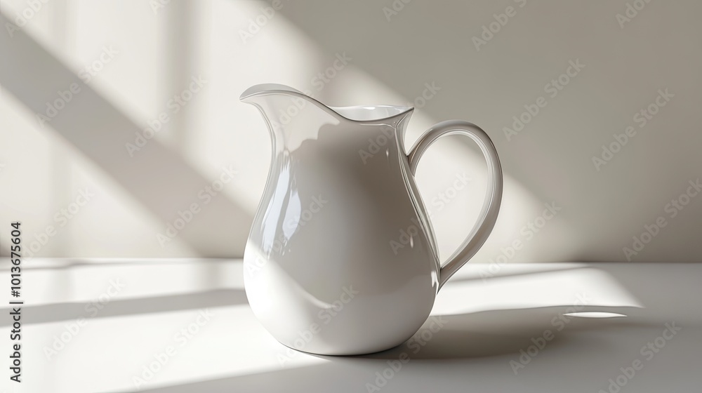 Elegant white ceramic pitcher with a flowing design, highlighting soft shadows from natural light. Elegant white ceramic pitcher with a flowing design, highlighting soft shadows from natural light.