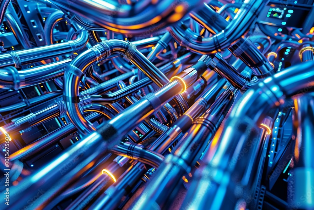 Intricate network of metal tubes with glowing lights, abstract technology background. Intricate network of metal tubes with glowing lights, abstract technology background.