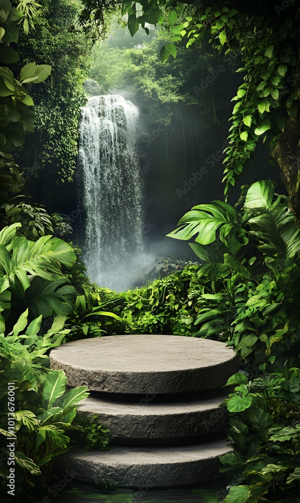 2. An enchanting image of a natural stone podium surrounded by lush greenery, with a majestic waterfall flowing in the background, providing an idyllic setting for showcasing products 2. An enchanting image of a natural stone podium surrounded by lush greenery, with a majestic waterfall flowing in the background, providing an idyllic setting for showcasing products