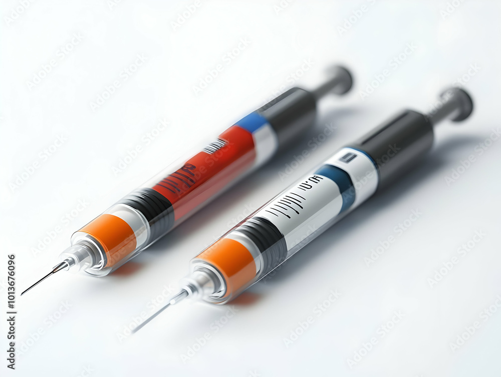 Flat Insulin pen and glucose meter floating together on white background concept as A modern image featuring an insulin pen and a glucose meter floating together as if in zero gravity isolated against Flat Insulin pen and glucose meter floating together on white background concept as A modern image featuring an insulin pen and a glucose meter floating together as if in zero gravity isolated against