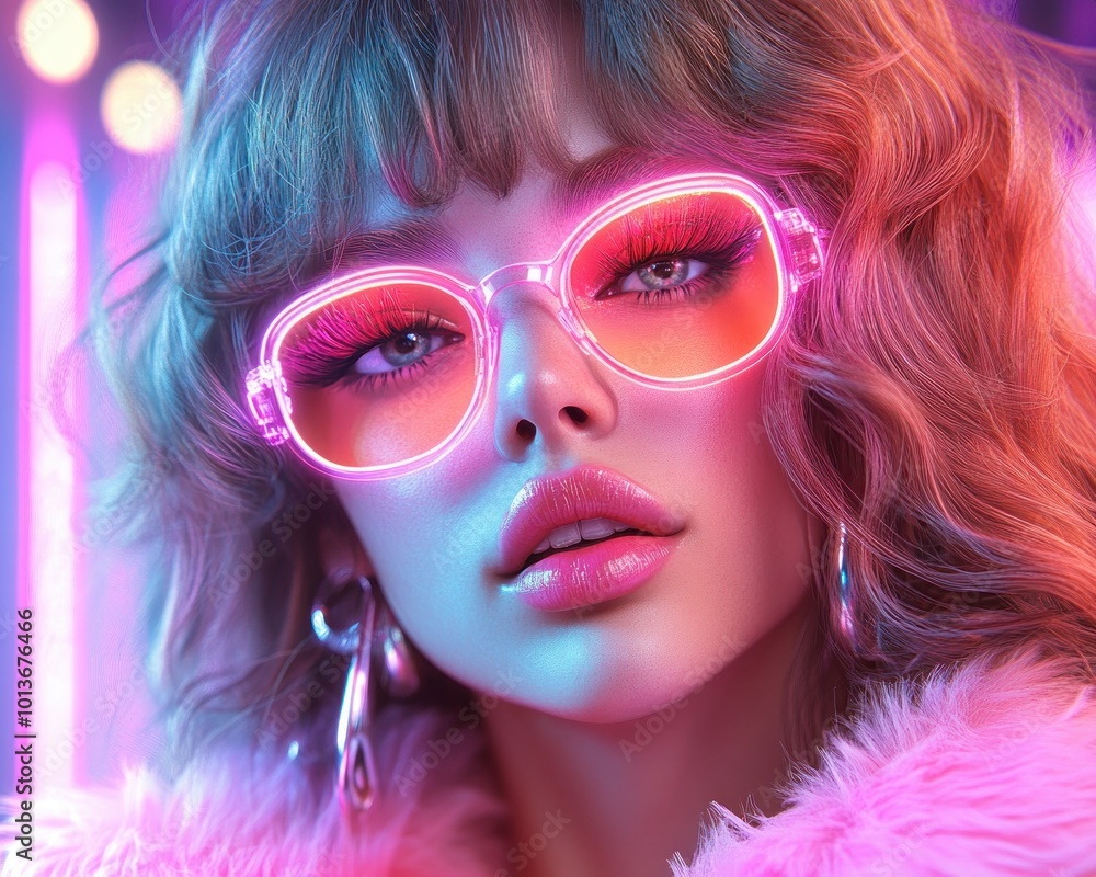 Fototapeta premium 80s Fashion Inspiration Woman with Big Hair, Neon Eyeshadow, and Bold Power Suit, Retro Style, Vintage Glamour, Colorful Outfit, Fashion Trends