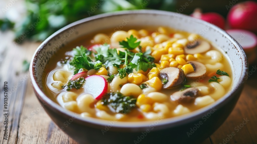 A Bowl of Creamy Corn and Mushroom Soup with Parsley A Bowl of Creamy Corn and Mushroom Soup with Parsley
