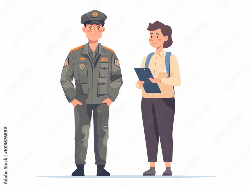 Flat Vector Illustration of a Veteran Mentoring a Young Cadet: A Candid Moment of Wisdom and Experience on Hari Pahlawan at a Military Training Ground Flat Vector Illustration of a Veteran Mentoring a Young Cadet: A Candid Moment of Wisdom and Experience on Hari Pahlawan at a Military Training Ground