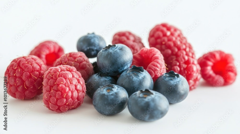 Close-up of Blueberries and Raspberries on White Background Close-up of Blueberries and Raspberries on White Background