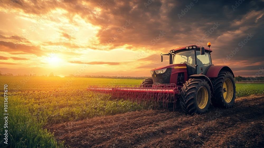Fototapeta premium Red Tractor Working a Field at Sunset