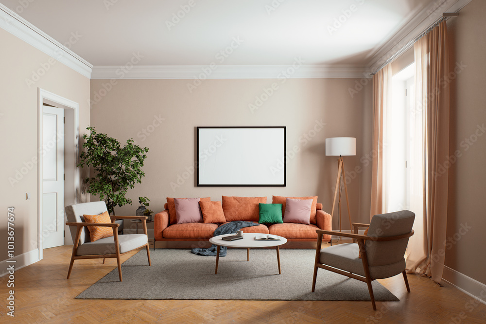 Fototapeta premium The modern living room features a stylish orange sofa complemented by ample natural light
