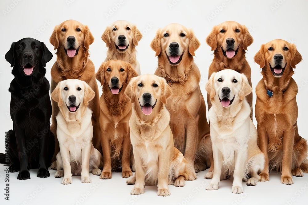 Collection of Friendly Golden Retrievers in a Group Portrait on White Background Collection of Friendly Golden Retrievers in a Group Portrait on White Background