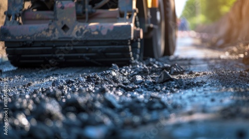 Asphalt paver machine smooths asphalt at a road construction project site AI generated image