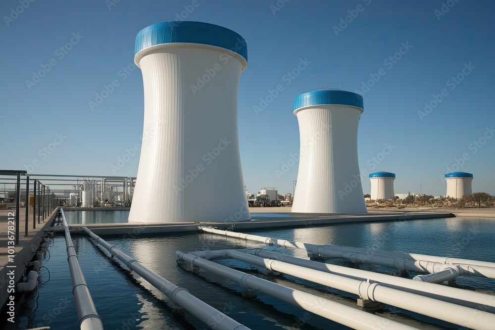 Obraz premium Towering Fibreglass Water Towers in a Desalination Facility with PVC Pipe Networks