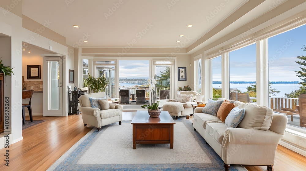 Cozy home living room interior with a comfortable armchair and sofa, a large window, and a mockup wall Cozy home living room interior with a comfortable armchair and sofa, a large window, and a mockup wall
