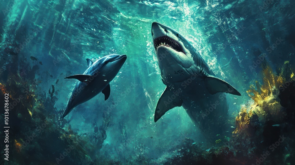 Naklejka premium Great White Shark and Dolphin Encounter in an Underwater Reef