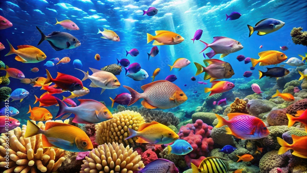 Fototapeta premium Underwater photo of colorful fish swimming in the ocean, marine life, aquatic, underwater, coral reef