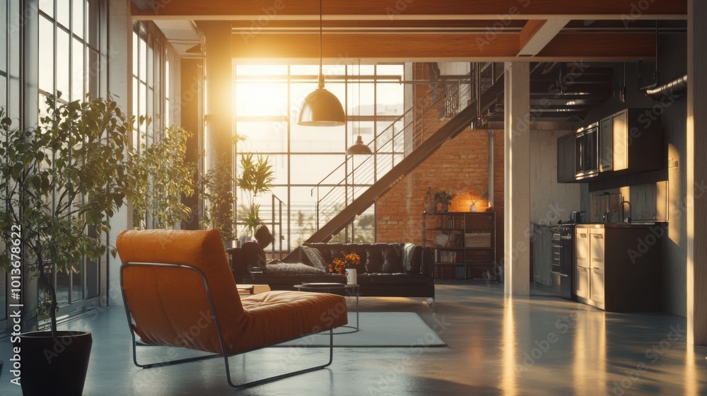 Scandinavian-style loft with exposed beams and floating staircase ...