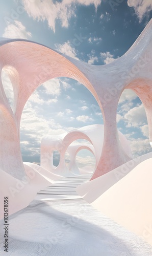 1. A surreal 3D render of a pastel landscape featuring abstract geometric shapes and fantastical desert dunes, with elegant arches rising in the background under a panoramic blue sky filled with