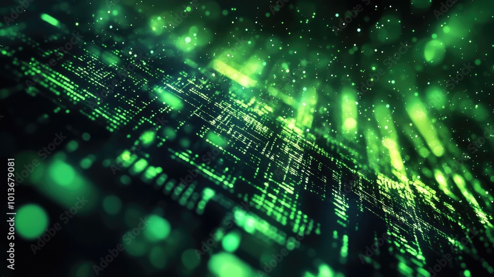 A digital abstract representation with green lights and patterns, evoking technology and data.